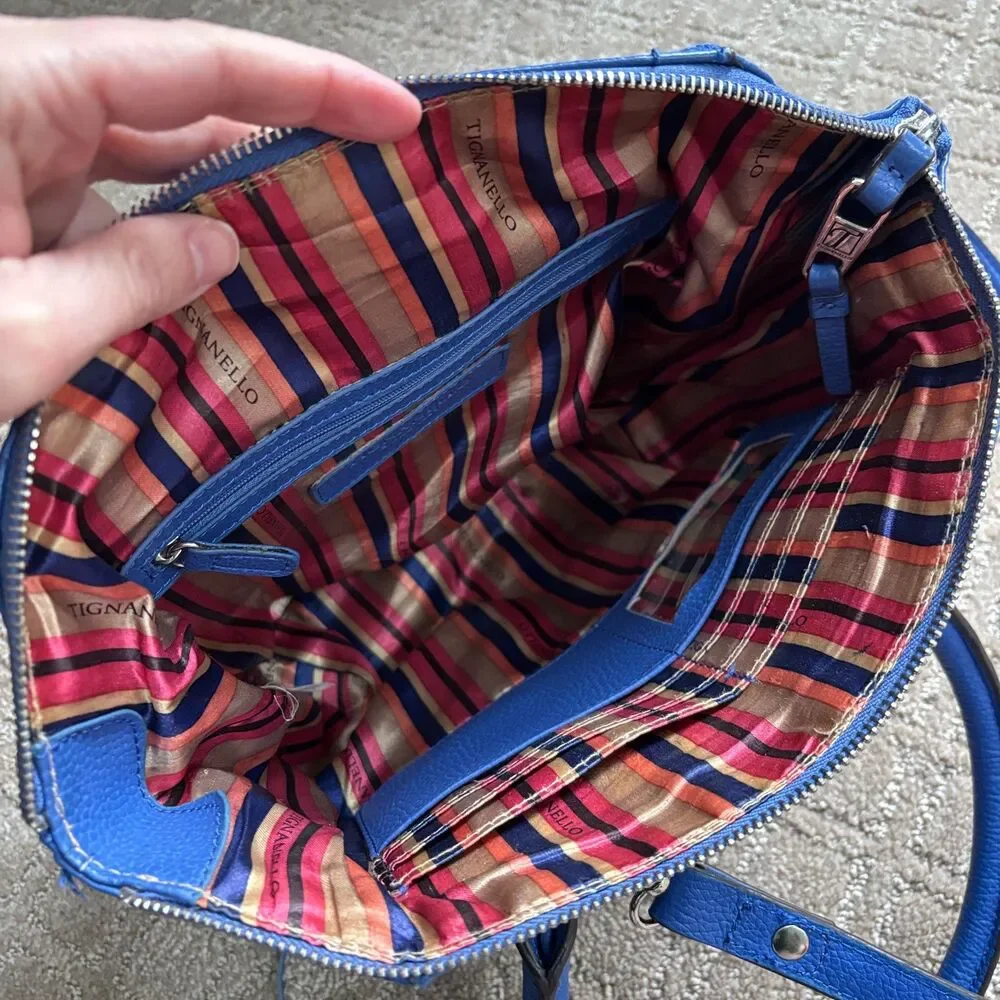 Tignanello Pebbled Leather Blue Satchel Shoulder Bag Crossbody Casual Medium